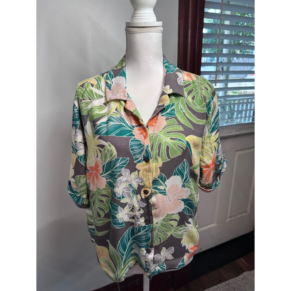Volcom Women Grey Tropical Floral Monstera Leaf Viscose Button Down Shirt L 10